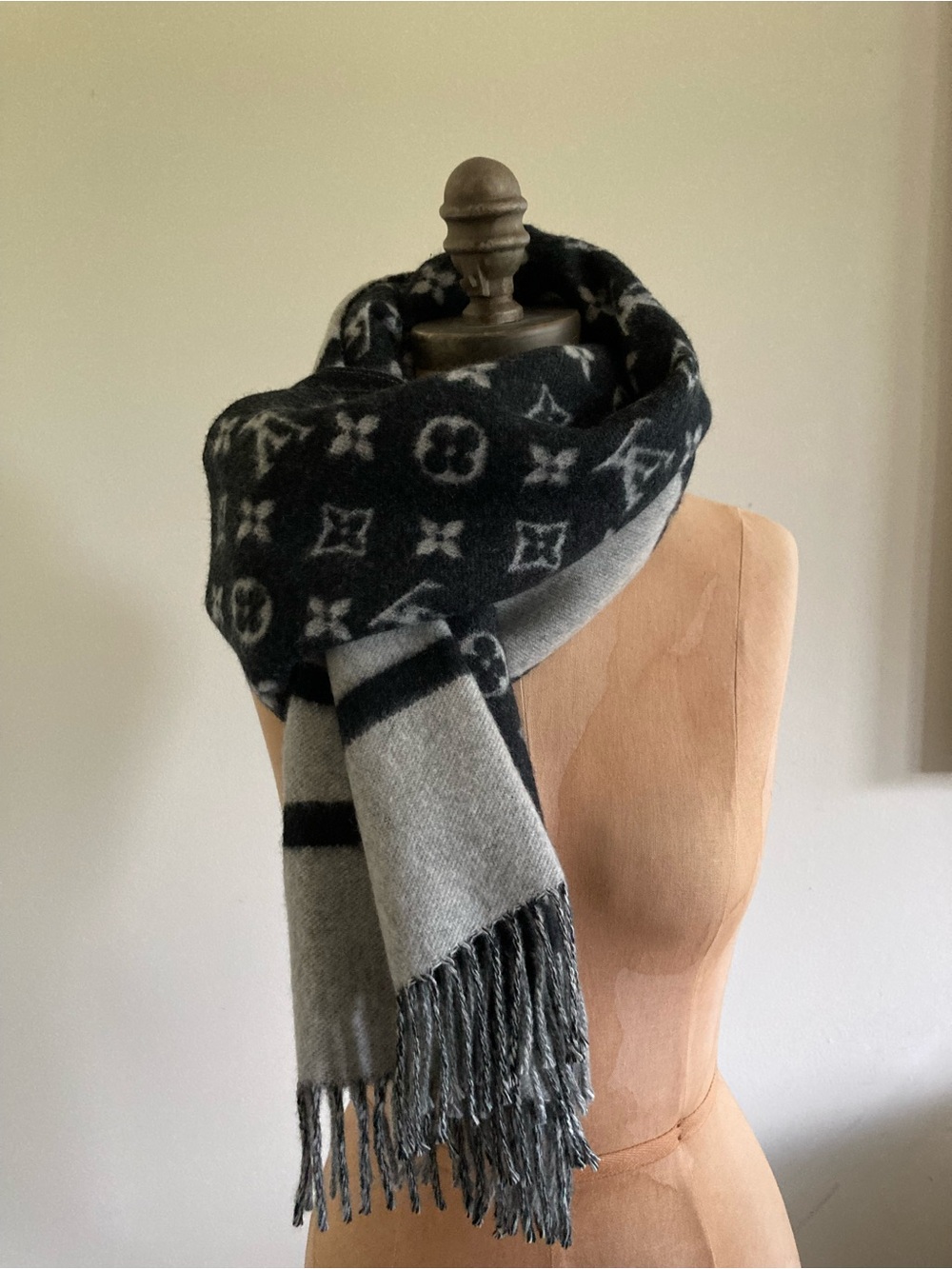 Louis Vuitton Black & Gray Monogram Fringe Scarf
